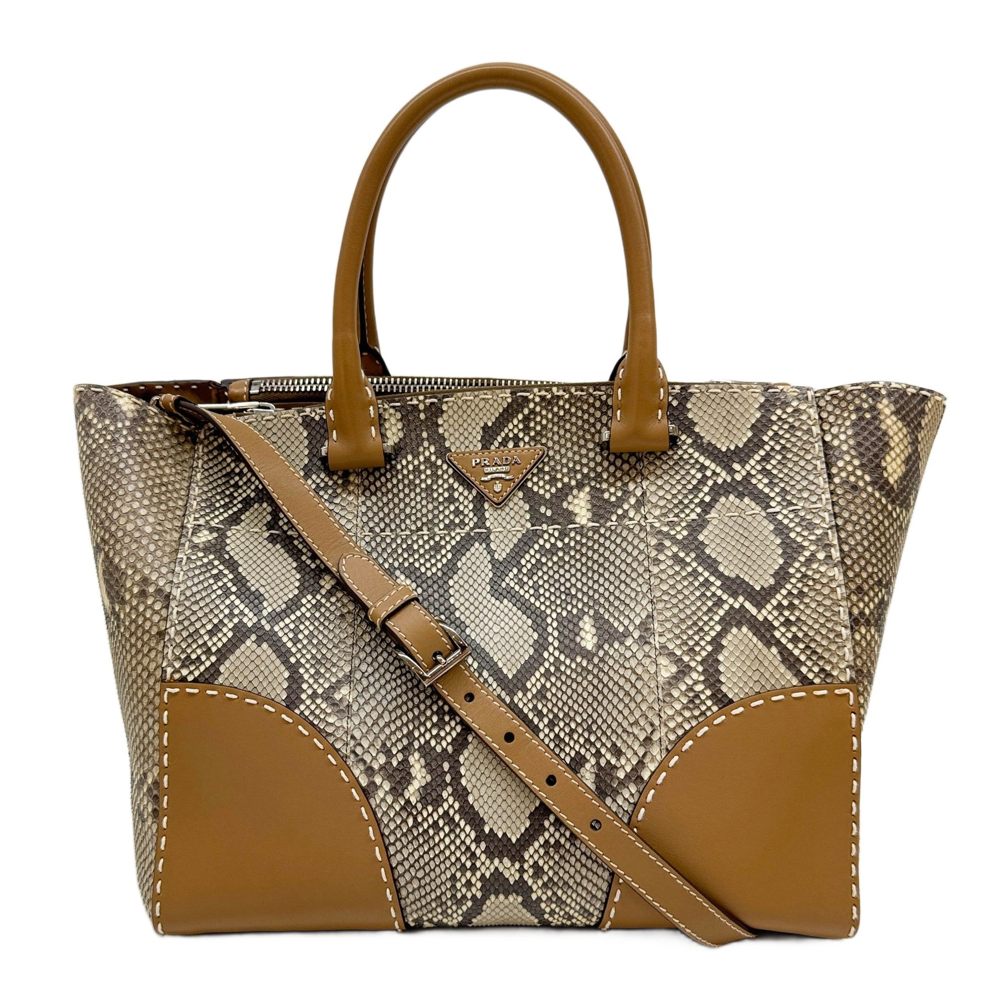 Beige Python Embossed Leather Tote Two Way Bag