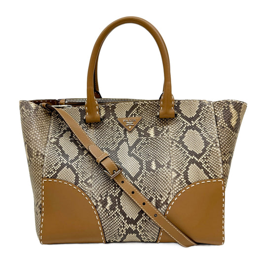 Beige Python Embossed Leather Tote Two Way Bag