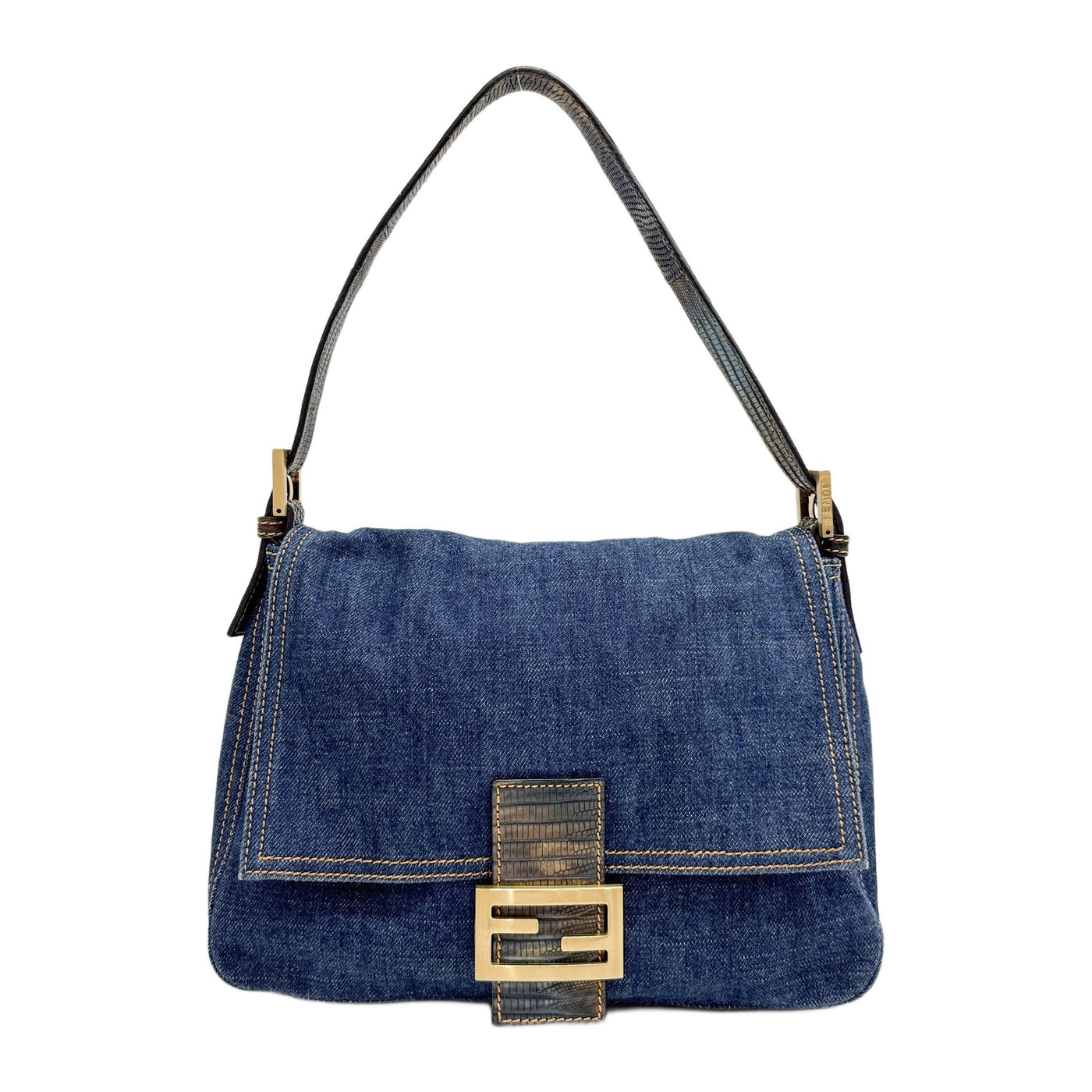 Mamma Baguette Lizard Leather Trim Blue Denim Shoulder Bag