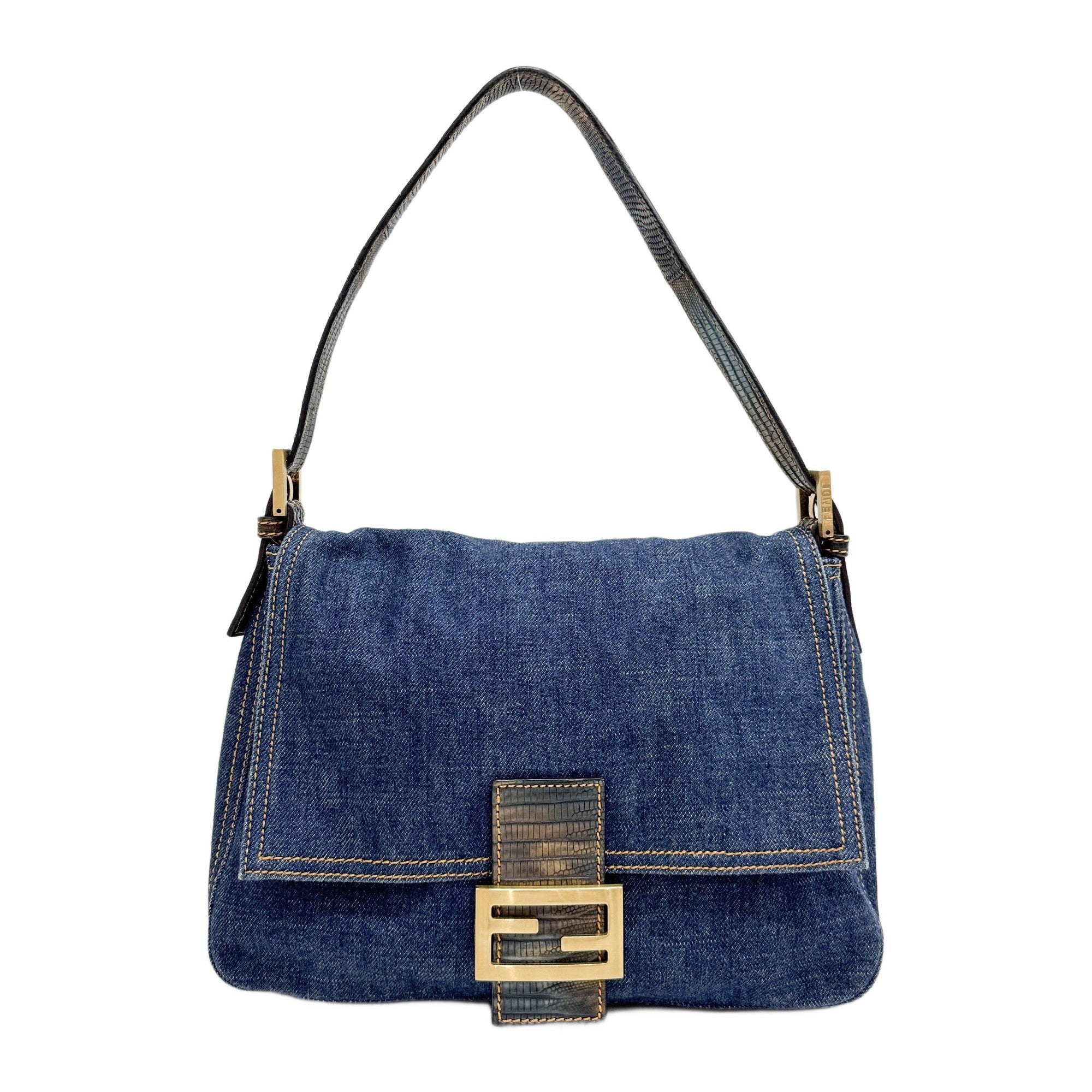 Mamma Baguette Lizard Leather Trim Blue Denim Shoulder Bag