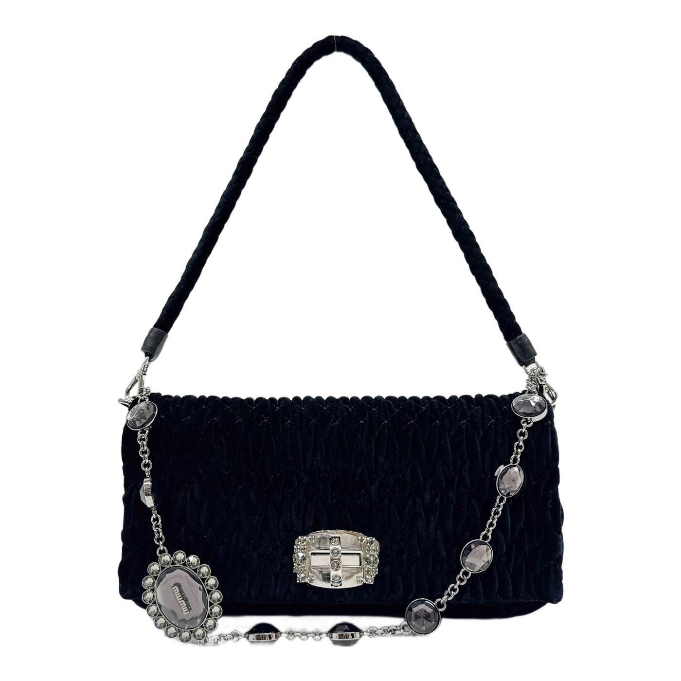 Miu Crystal Matelasse Black Velvet Shoulder Bag