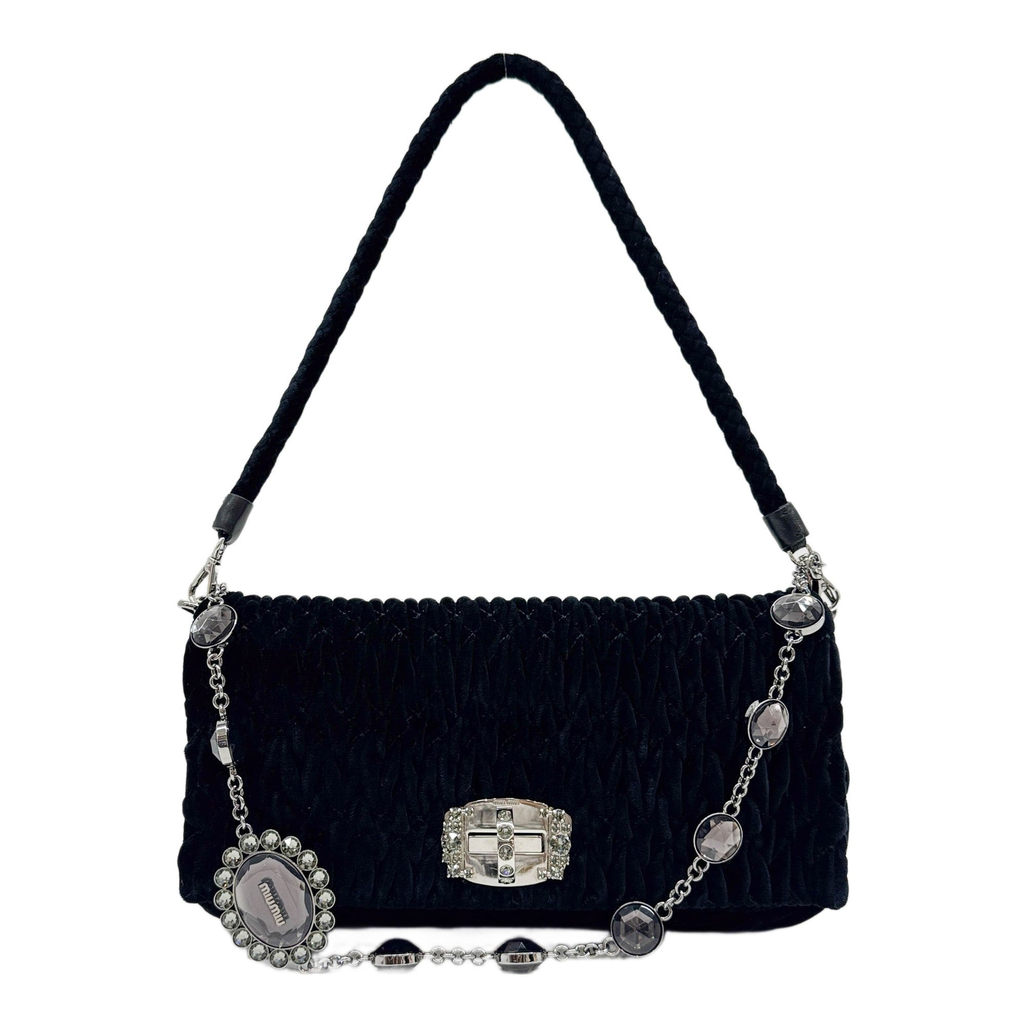 Miu Crystal Matelasse Black Velvet Shoulder Bag