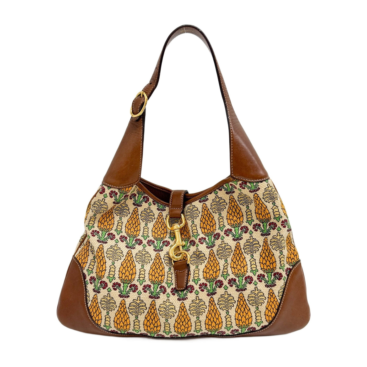 Jackie O Bouvier Leather Trim Brown Pigna Pineapple Print Canvas Shoulder Bag