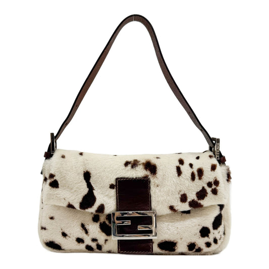 Baguette Cream and Brown Dalmation Print Pony Hair Shoulder Bag