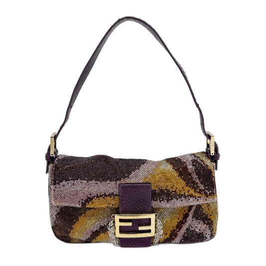 Baguette Python Embossed Leather Strap Multicolor Swirled Beads Shoulder Bag