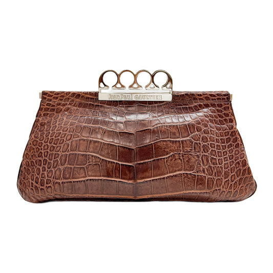 Silver Knuckle Duster Clasp Brown Embossed Crocodile Leather Hand Bag