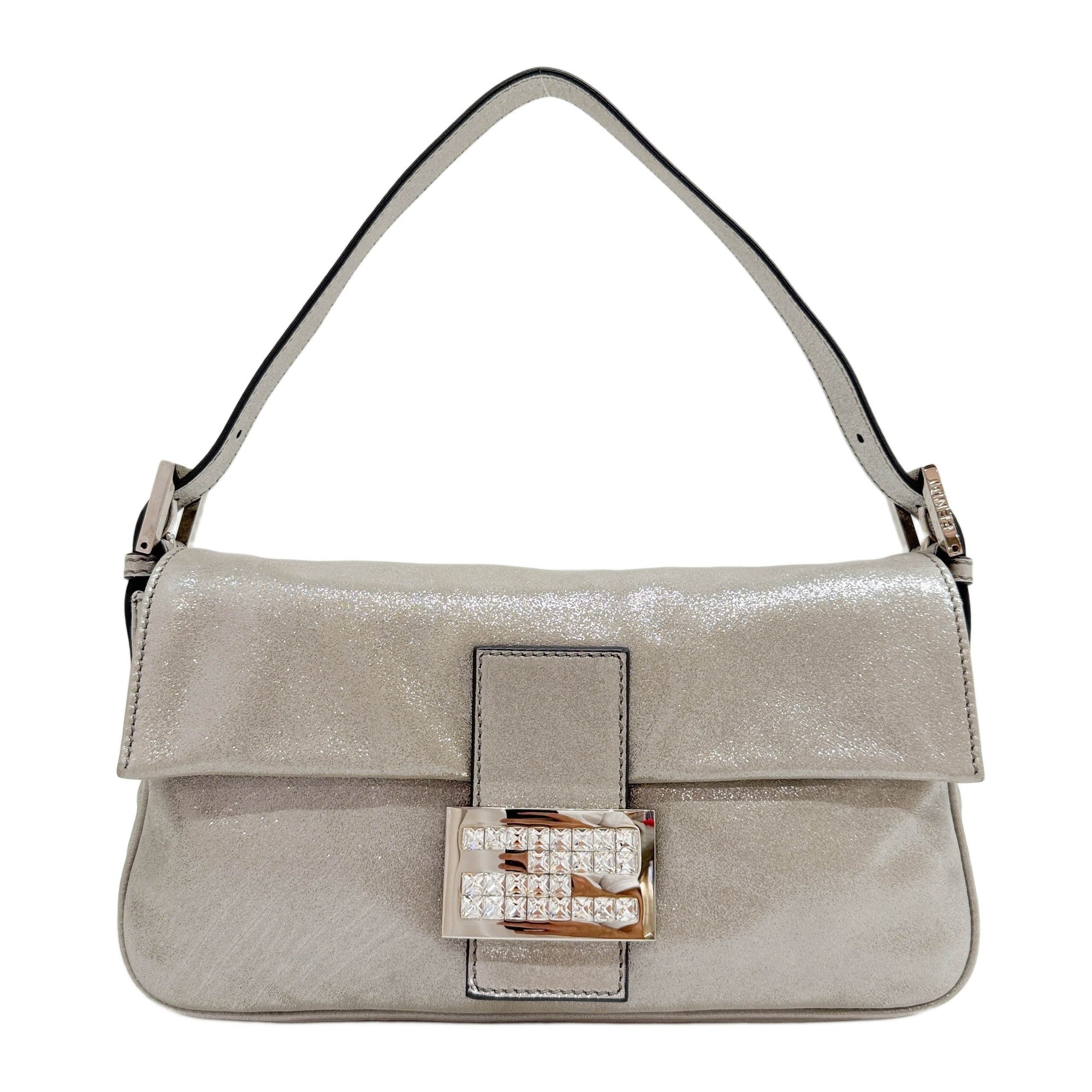 Baguette Glitter Silver Leather Shoulder Bag