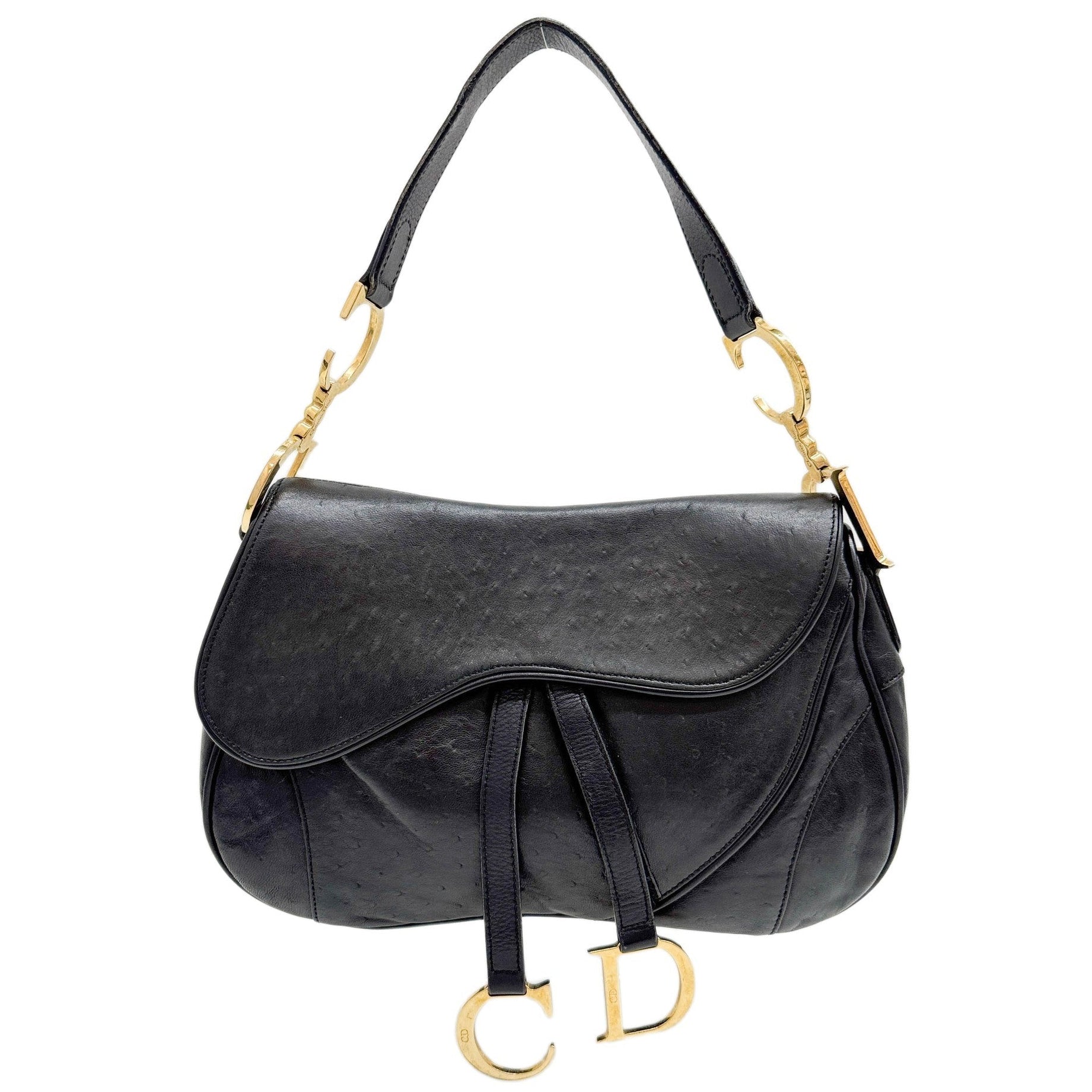 Double Saddle Black Ostrich Leather Shoulder Bag
