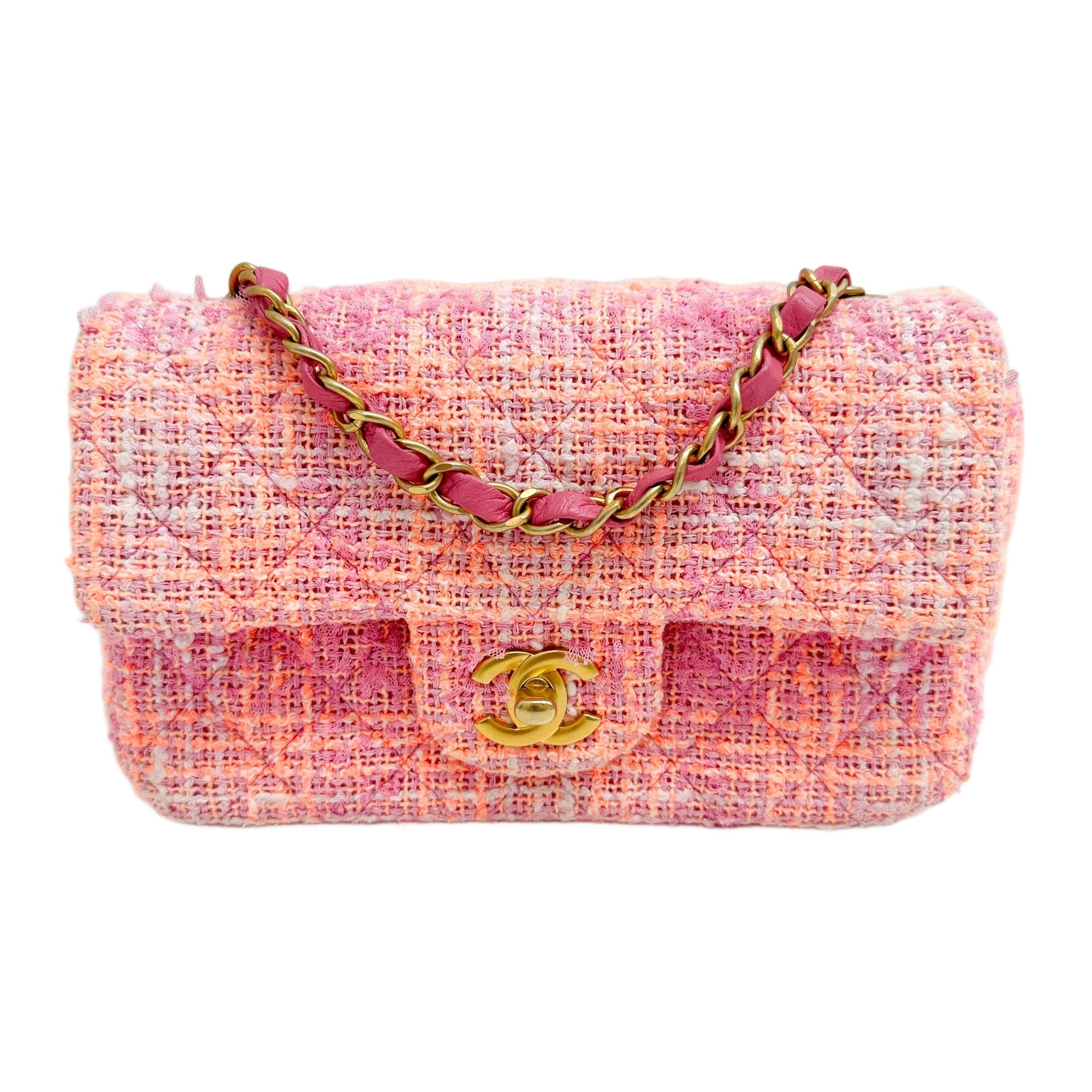Rectangular Mini Classic Flap 2021-2026 Pink and Orange Tweed Shoulder Bag
