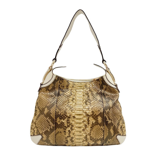 Horsebit Metallic Beige Python Embossed Leather Shoulder Bag