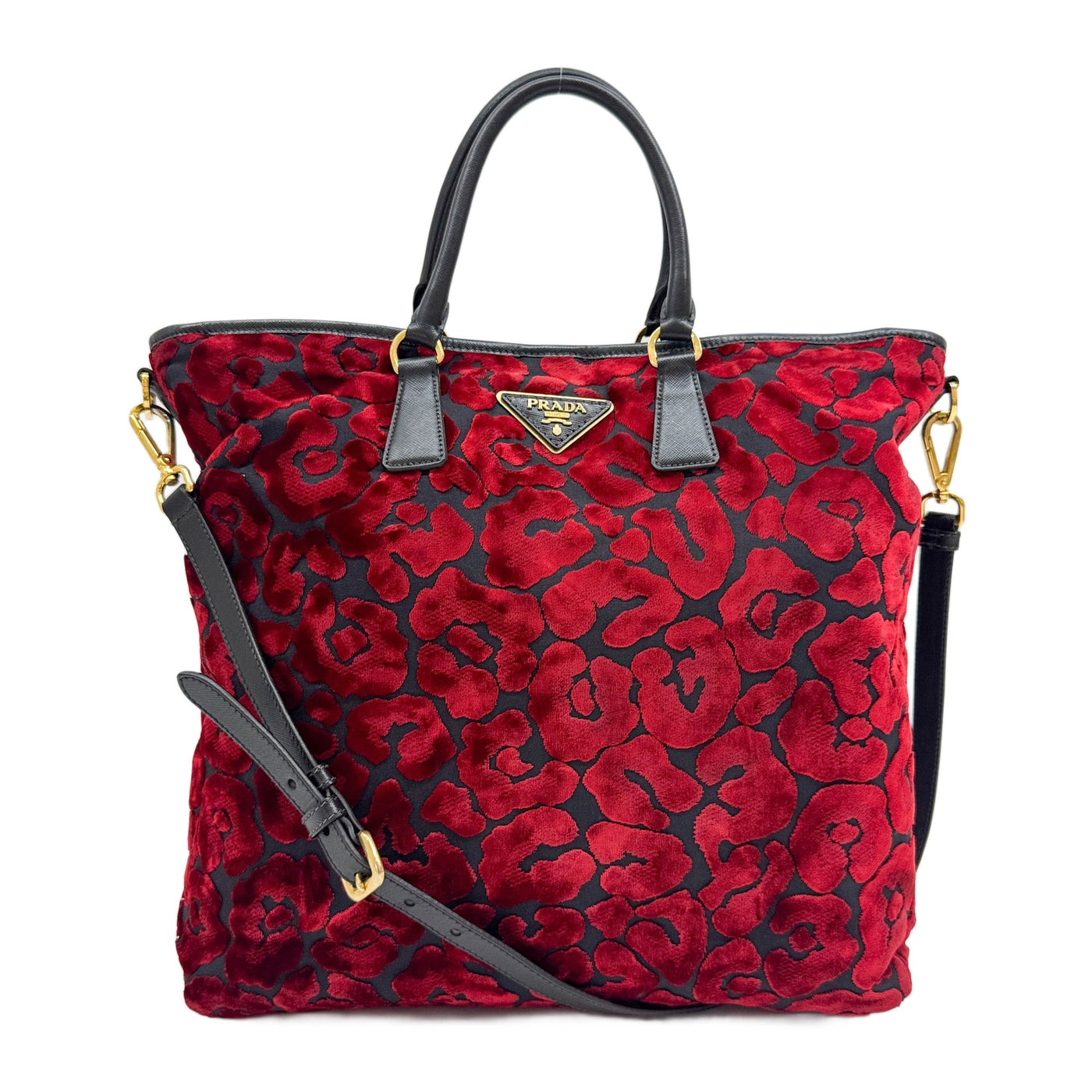 Red Cheetah Velvet Applique Black Canvas Two Way Bag