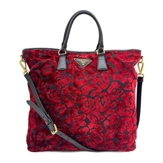 Red Cheetah Velvet Applique Black Canvas Two Way Bag