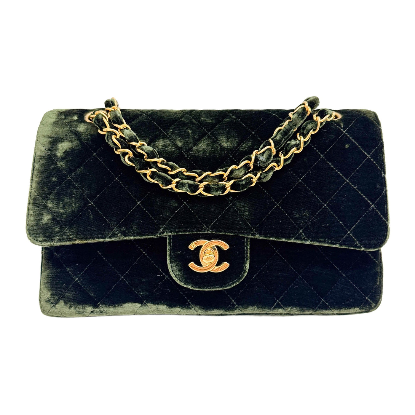 Medium Classic Double Flap 1994-1996 Matelasse Forest Green Velvet Shoulder Bag