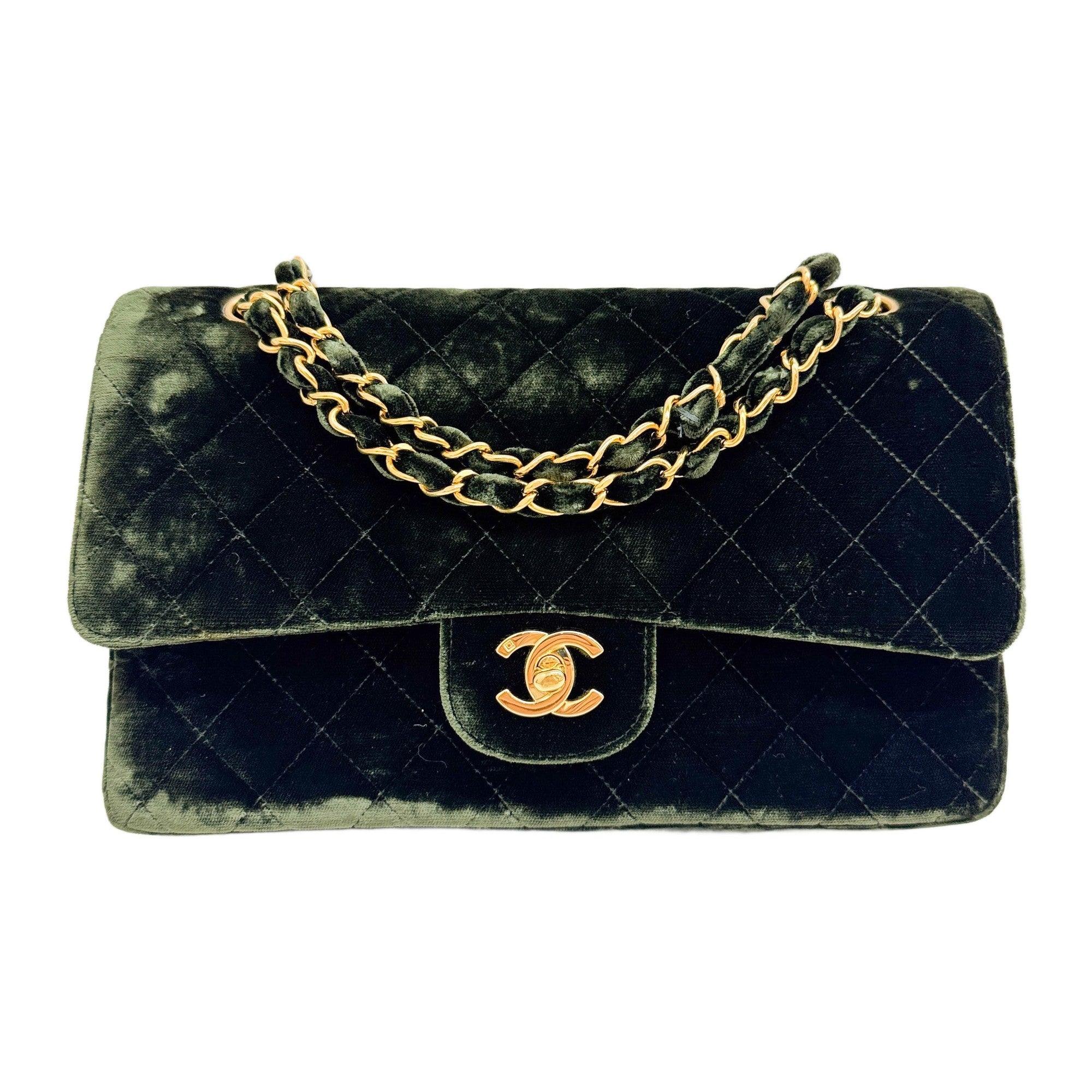 Medium Classic Double Flap 1994-1996 Matelasse Forest Green Velvet Shoulder Bag