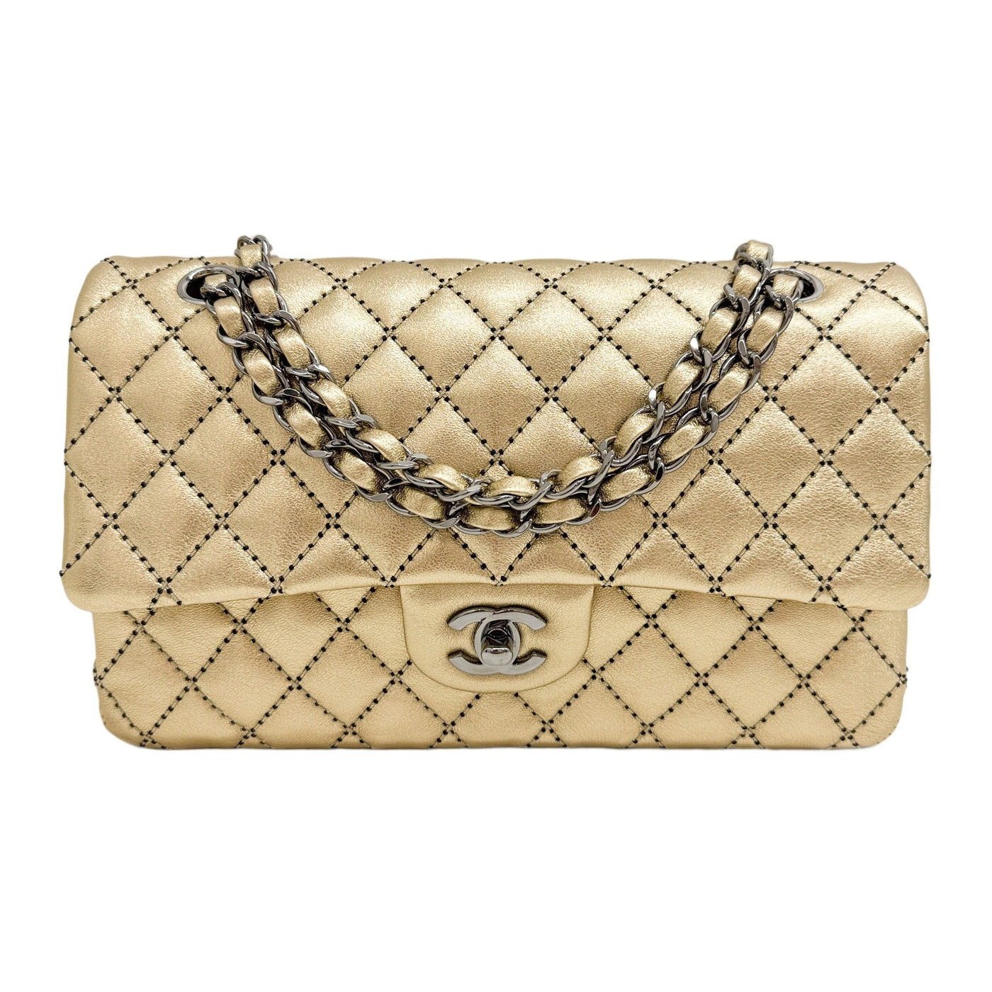 Medium Classic Double Flap 2014 Black Dotted Matelasse Gold Leather Shoulder Bag
