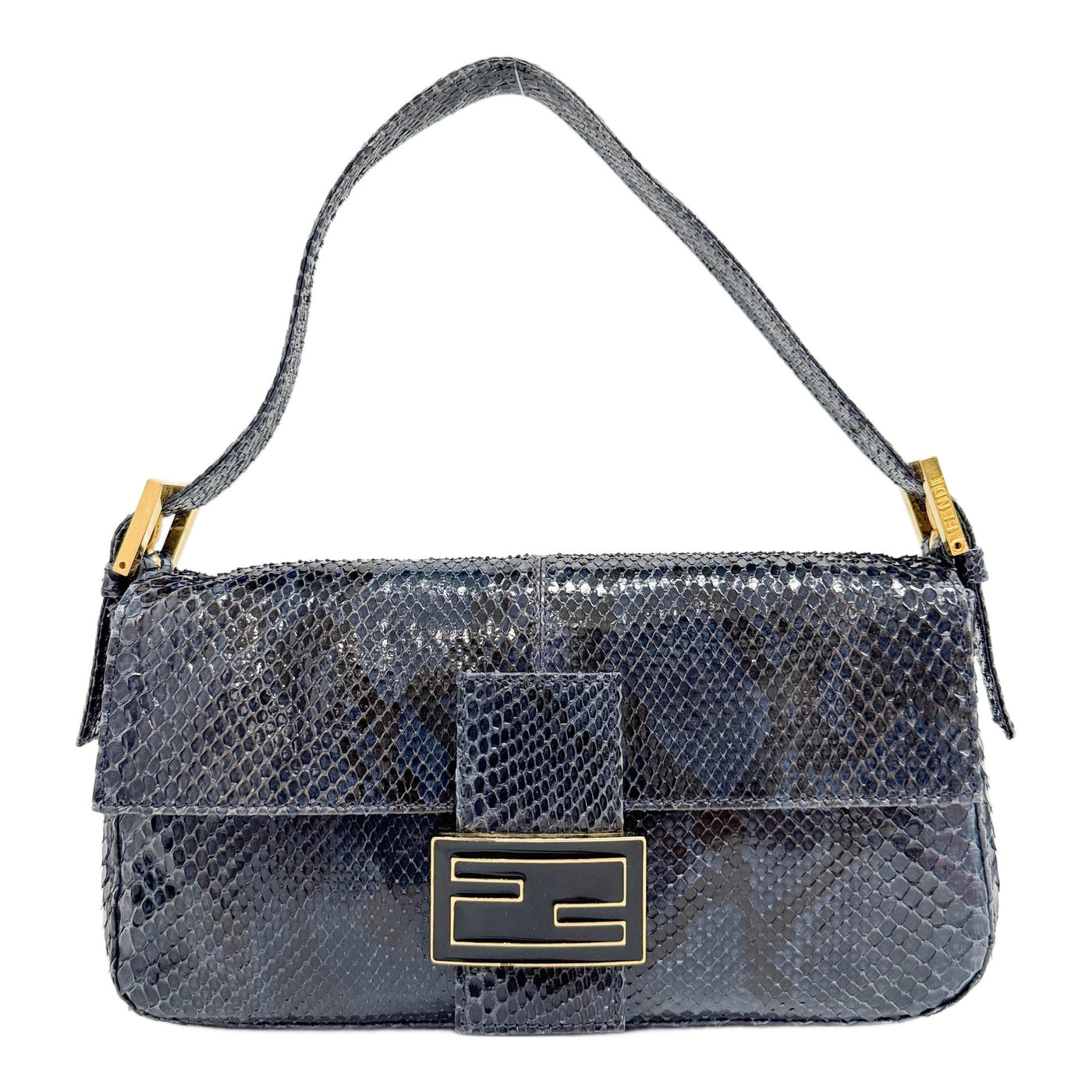 Baguette Blue & Black Python Embossed Leather Shoulder Bag