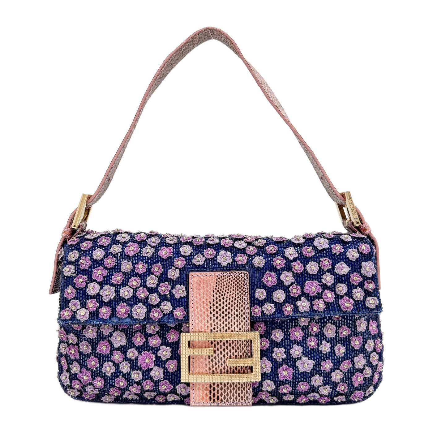 Baguette Floral Embellished Purple Beaded Python Embossed Leather Shoulder Bag