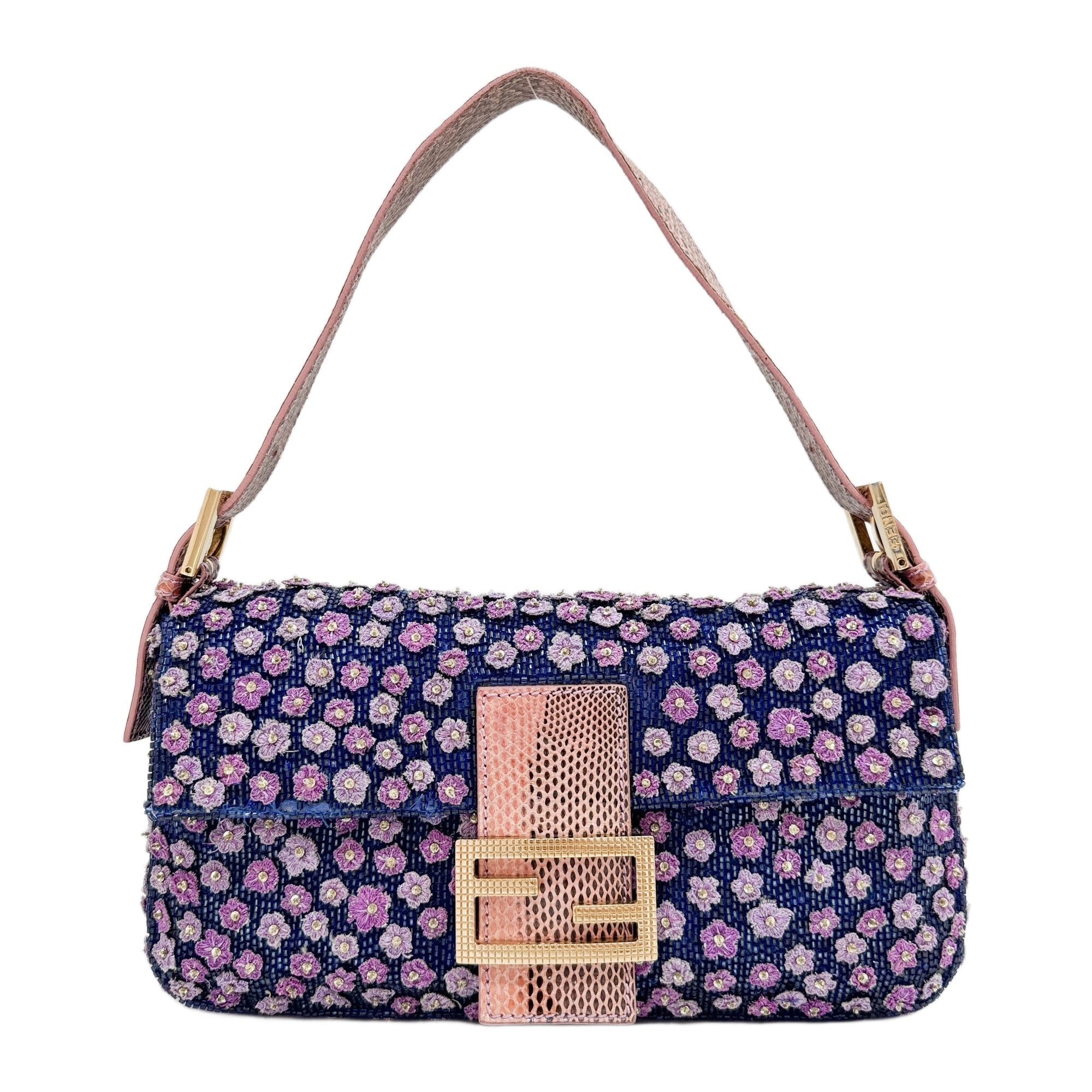 Baguette Floral Embellished Purple Beaded Python Embossed Leather Shoulder Bag