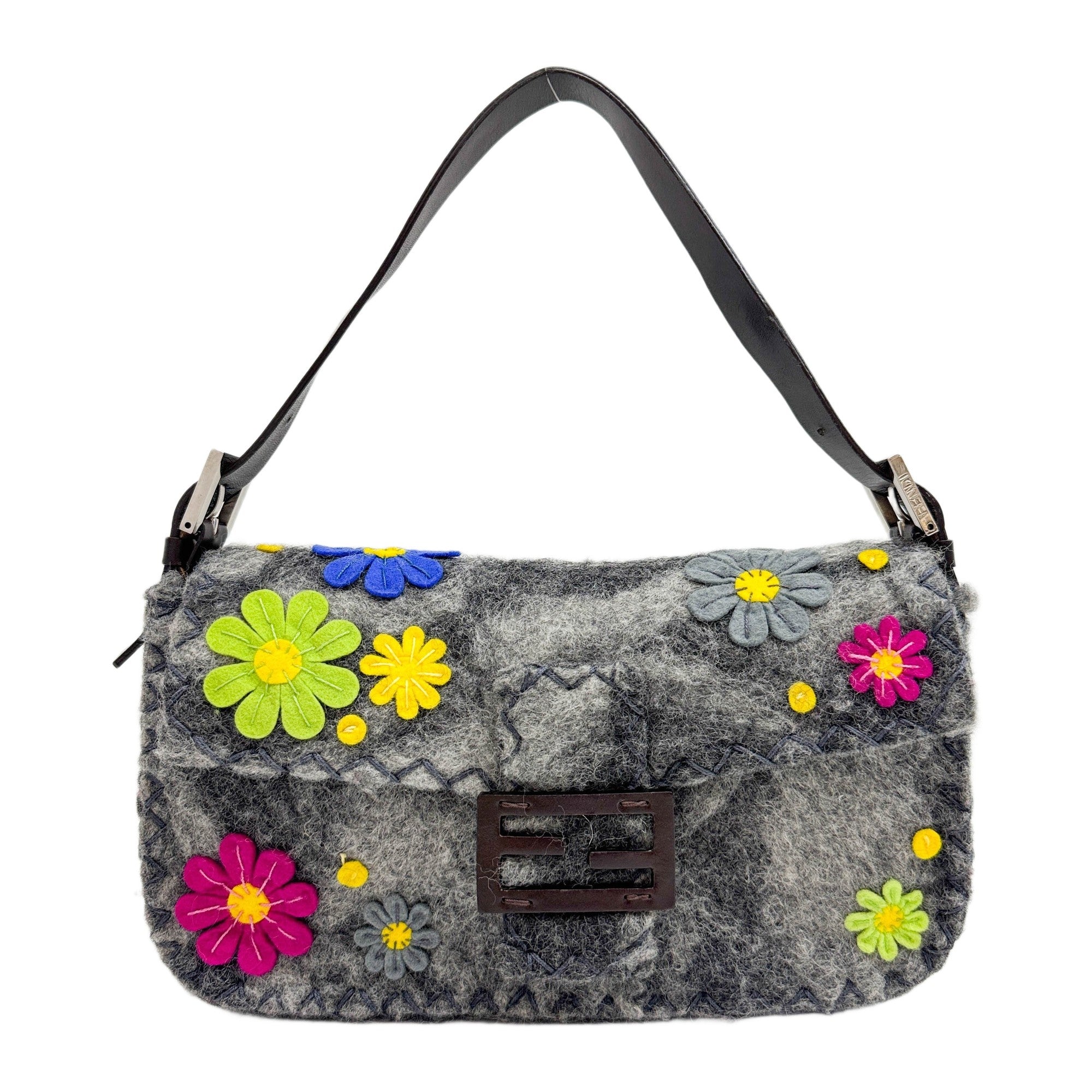 Baguette Flower Embroidered Knit Lining Grey Wool Shoulder Bag