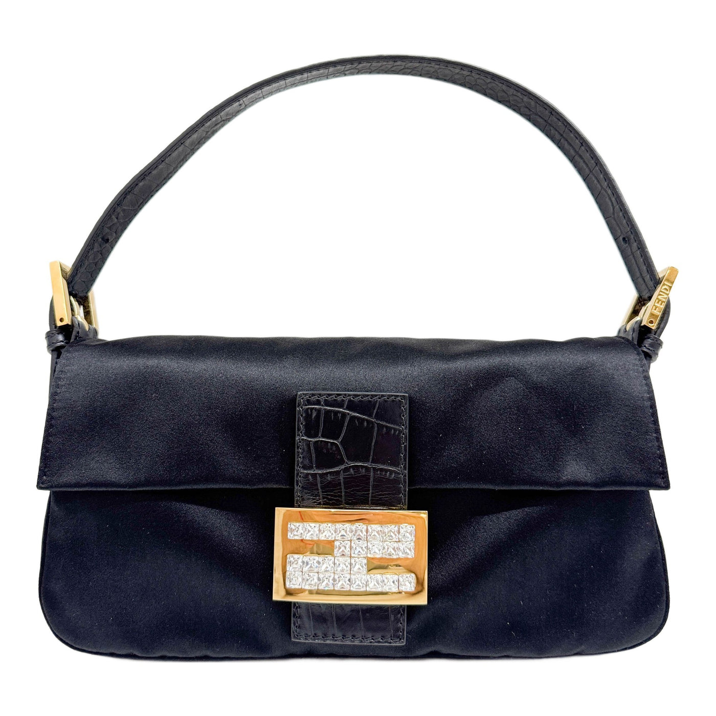 Baguette Black Satin with Python Embossed Leather Shoulder Bag