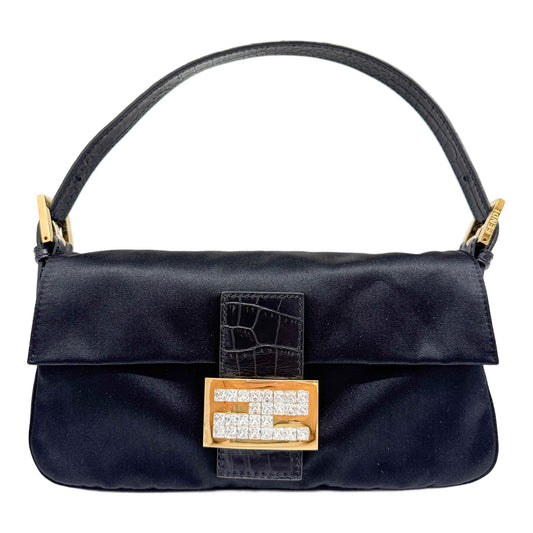 Baguette Black Satin with Python Embossed Leather Shoulder Bag