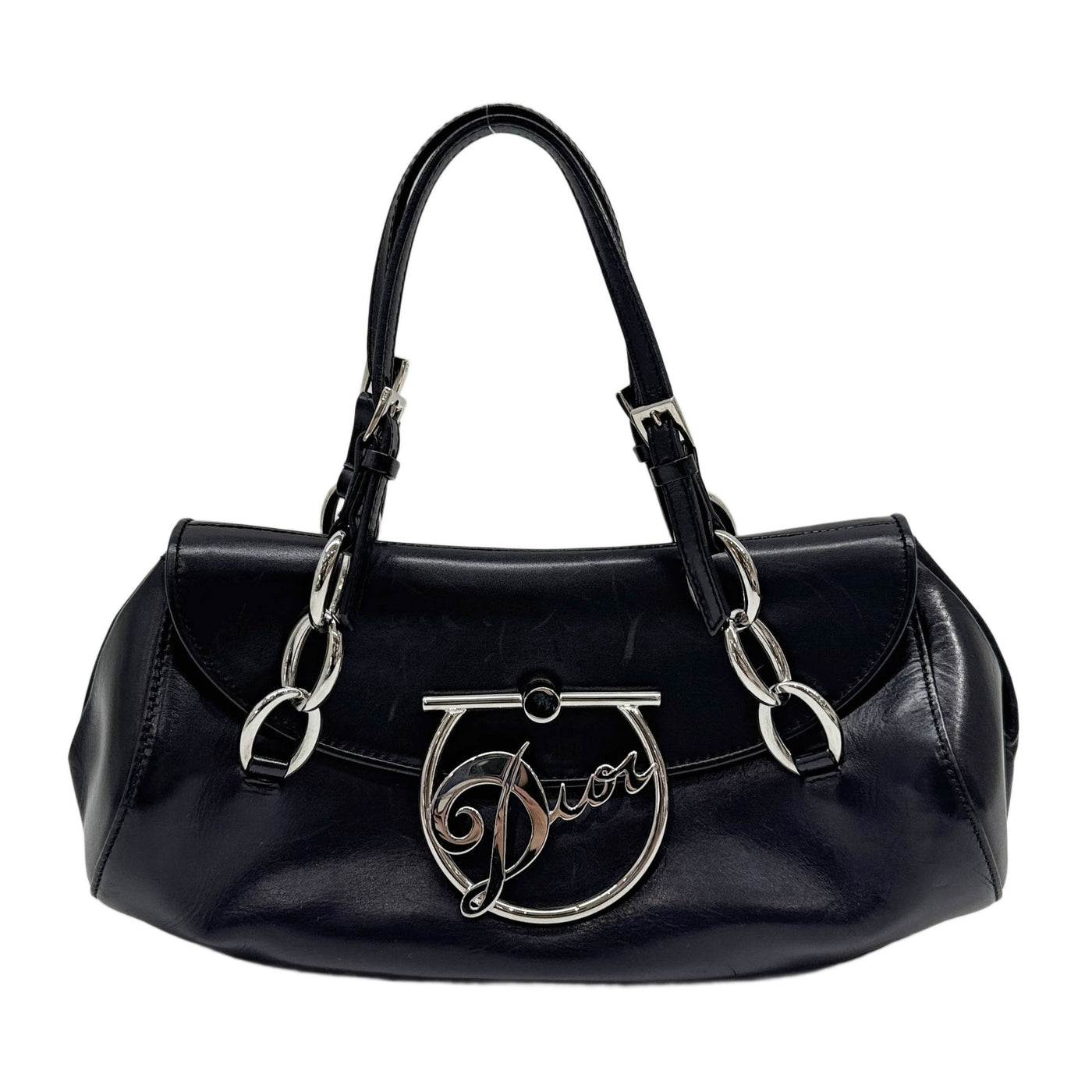 Diva Silver Hardware Black Leather Shoulder Bag