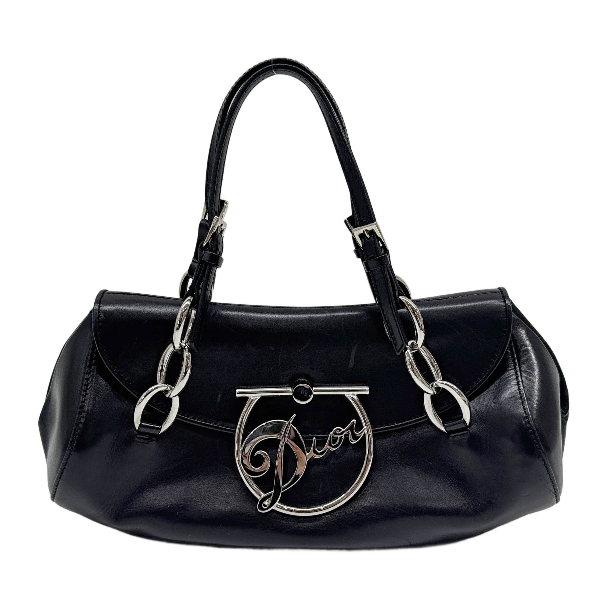 Diva Silver Hardware Black Leather Shoulder Bag