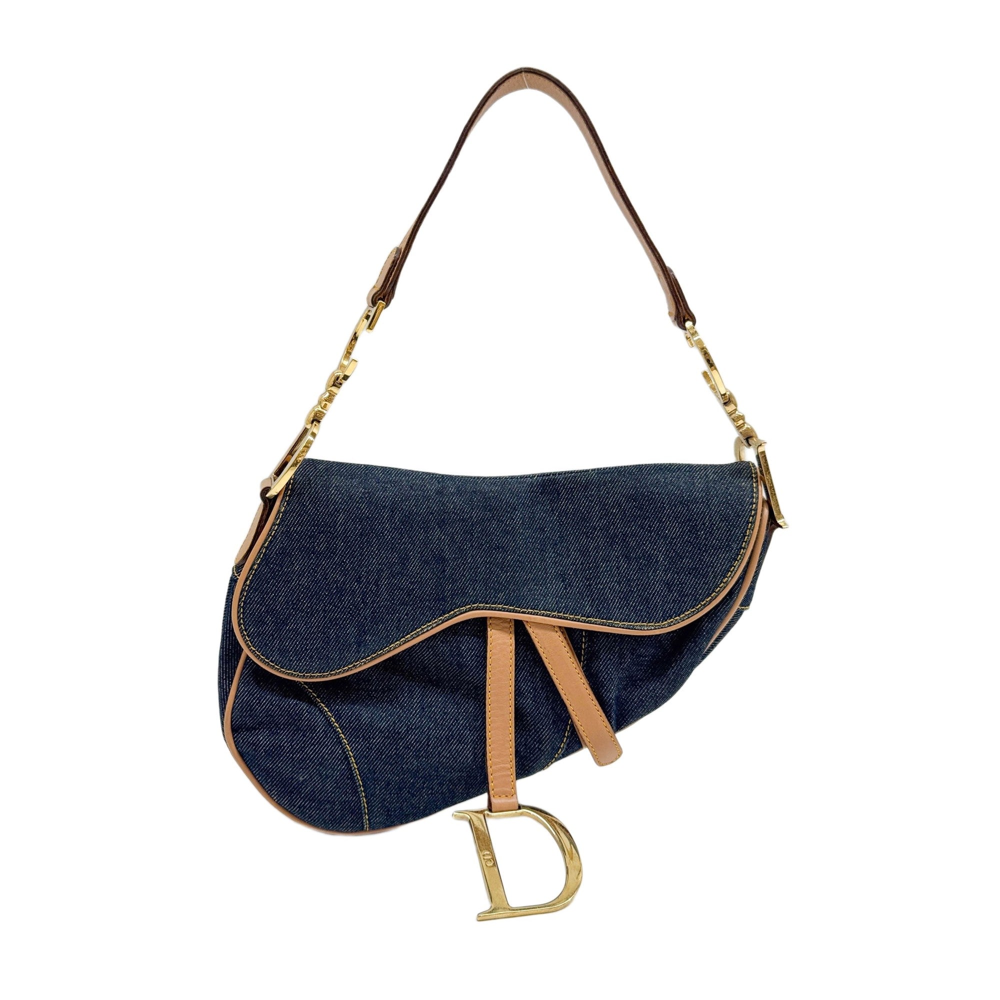 Saddle Beige Leather Trim Navy Denim Shoulder Bag