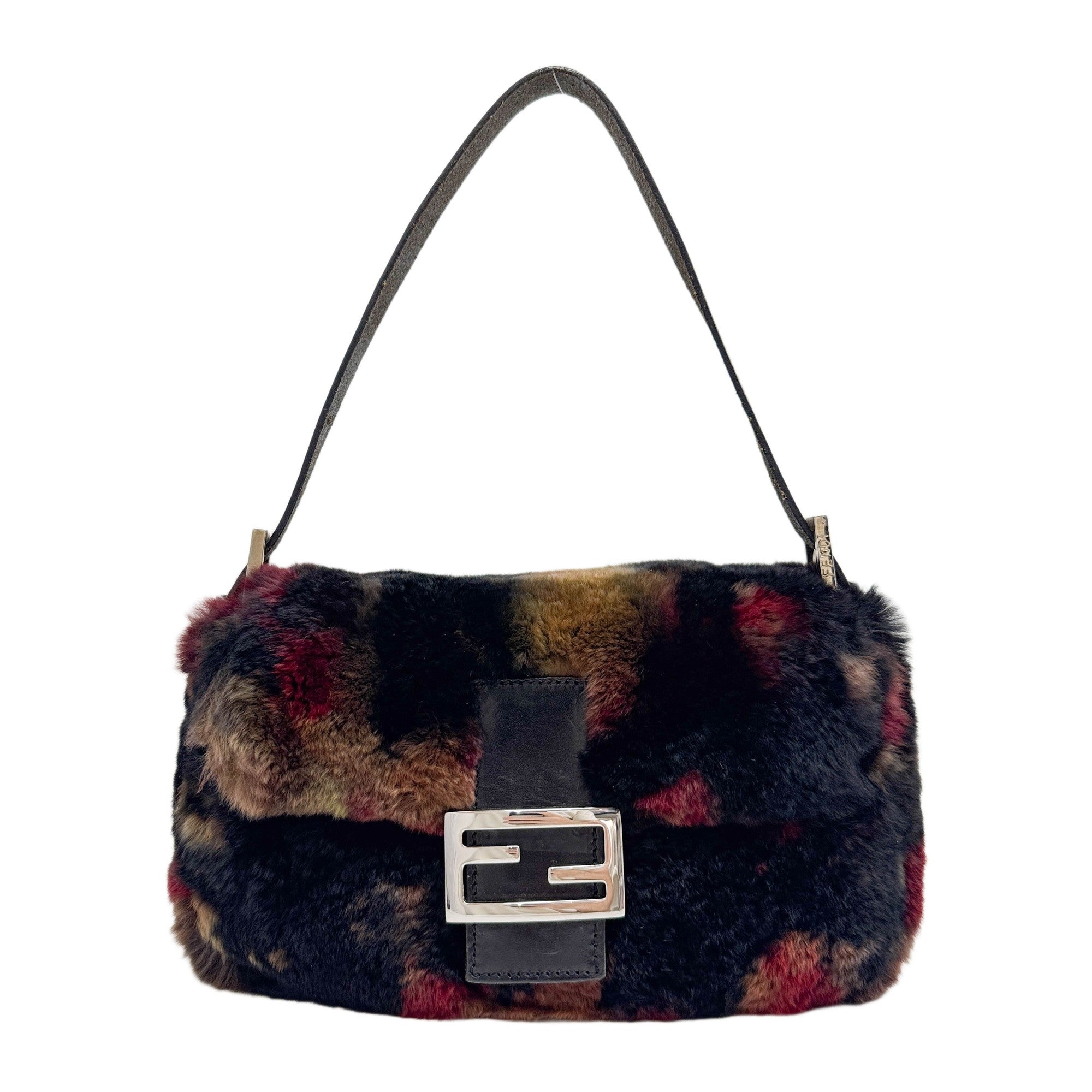 Baguette Black Leather Trim Multicolour Rabbit Fur Shoulder Bag