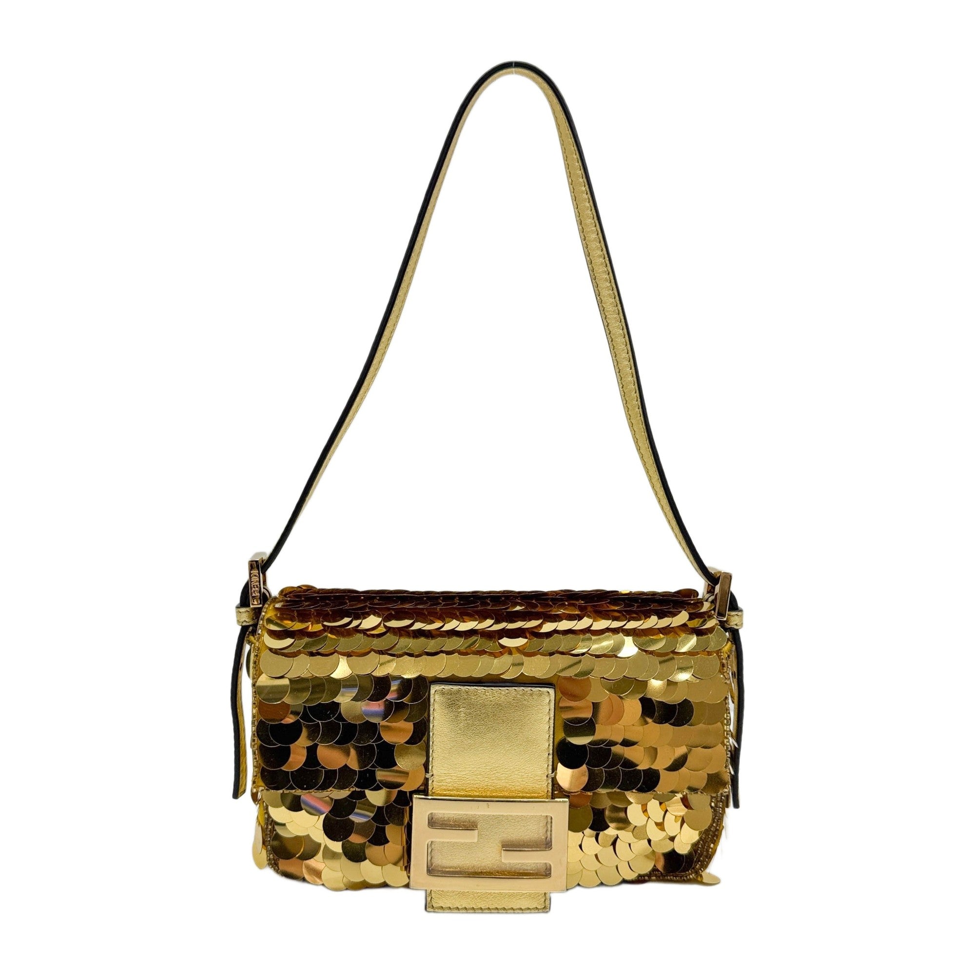 Mini Baguette Leather Trim Gold Sequin Hand Bag