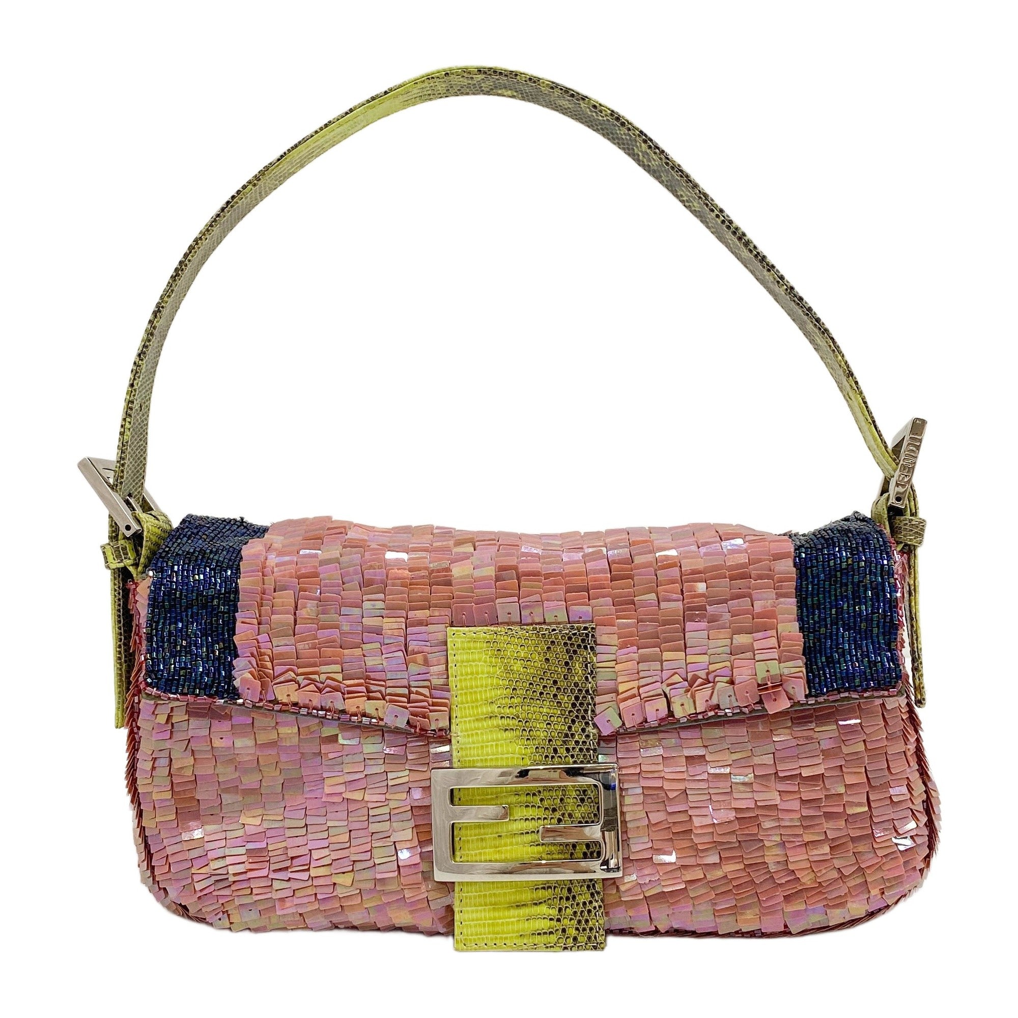 Baguette Green Lizard Trim Pink and Blue Sequin Shoulder Bag