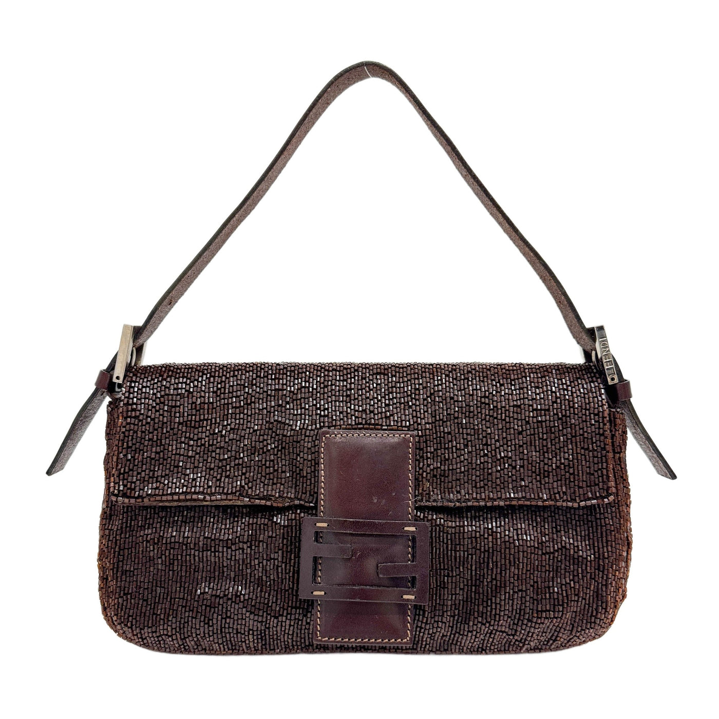Baguette Leather Trim Brown Beaded Shoulder Bag