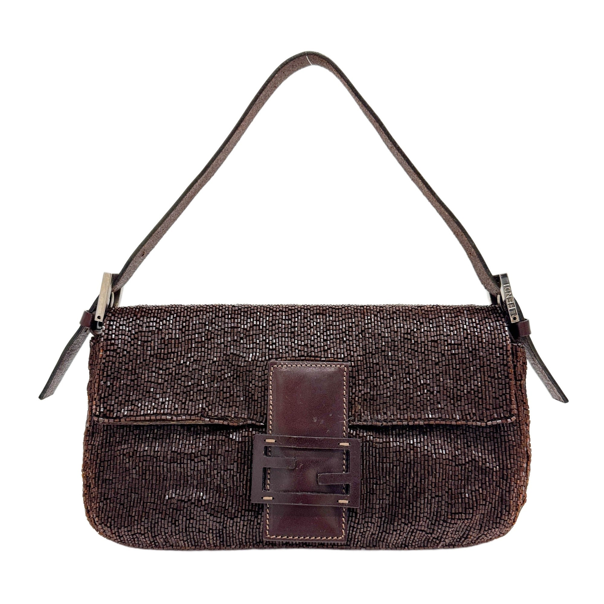Baguette Leather Trim Brown Beaded Shoulder Bag