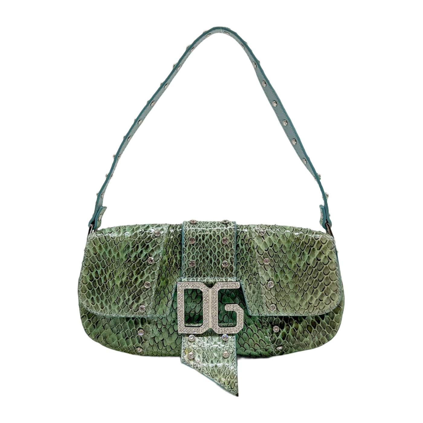 Rhinestone Embellished Green Python Embossed Leather Shoulder Bag