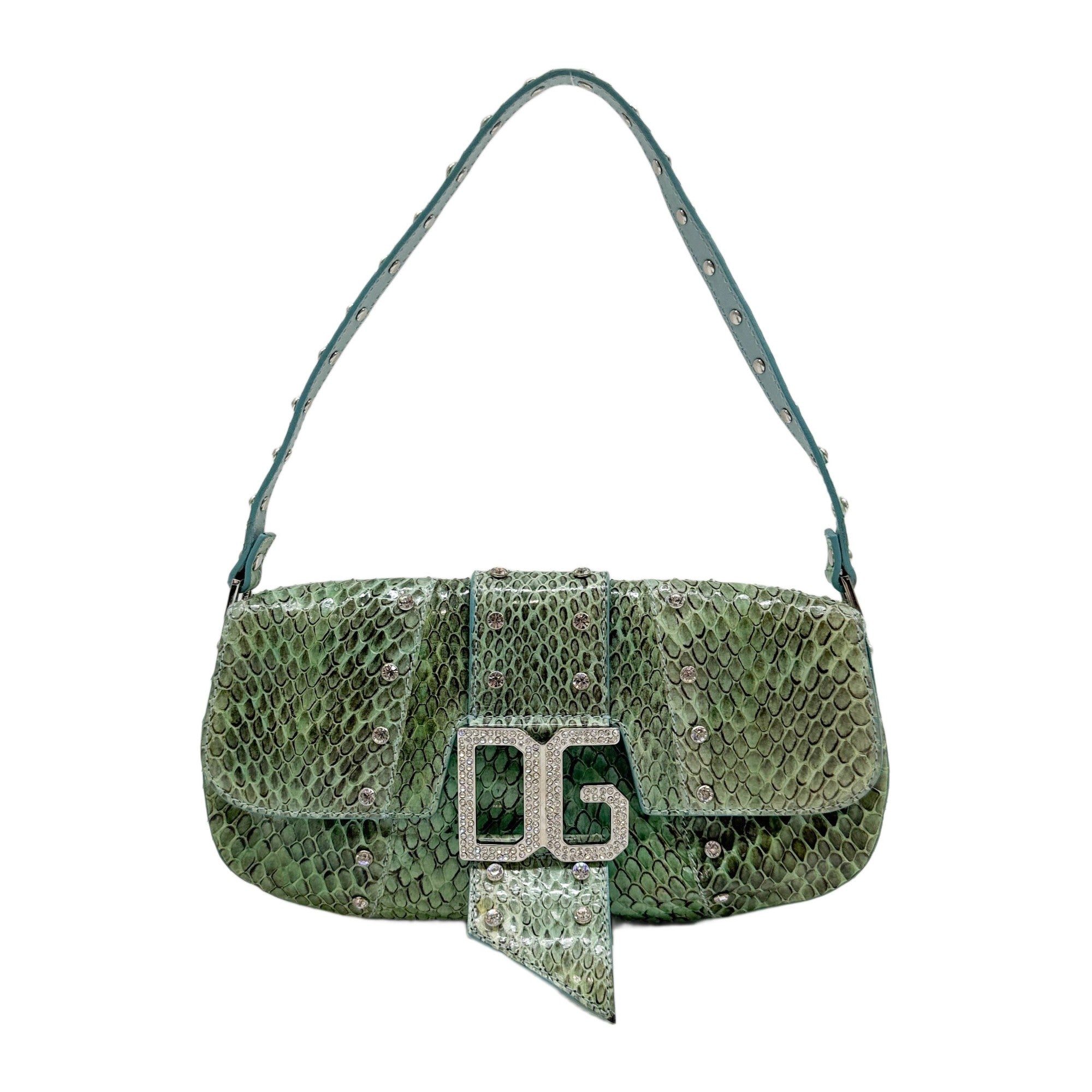 Rhinestone Embellished Green Python Embossed Leather Shoulder Bag