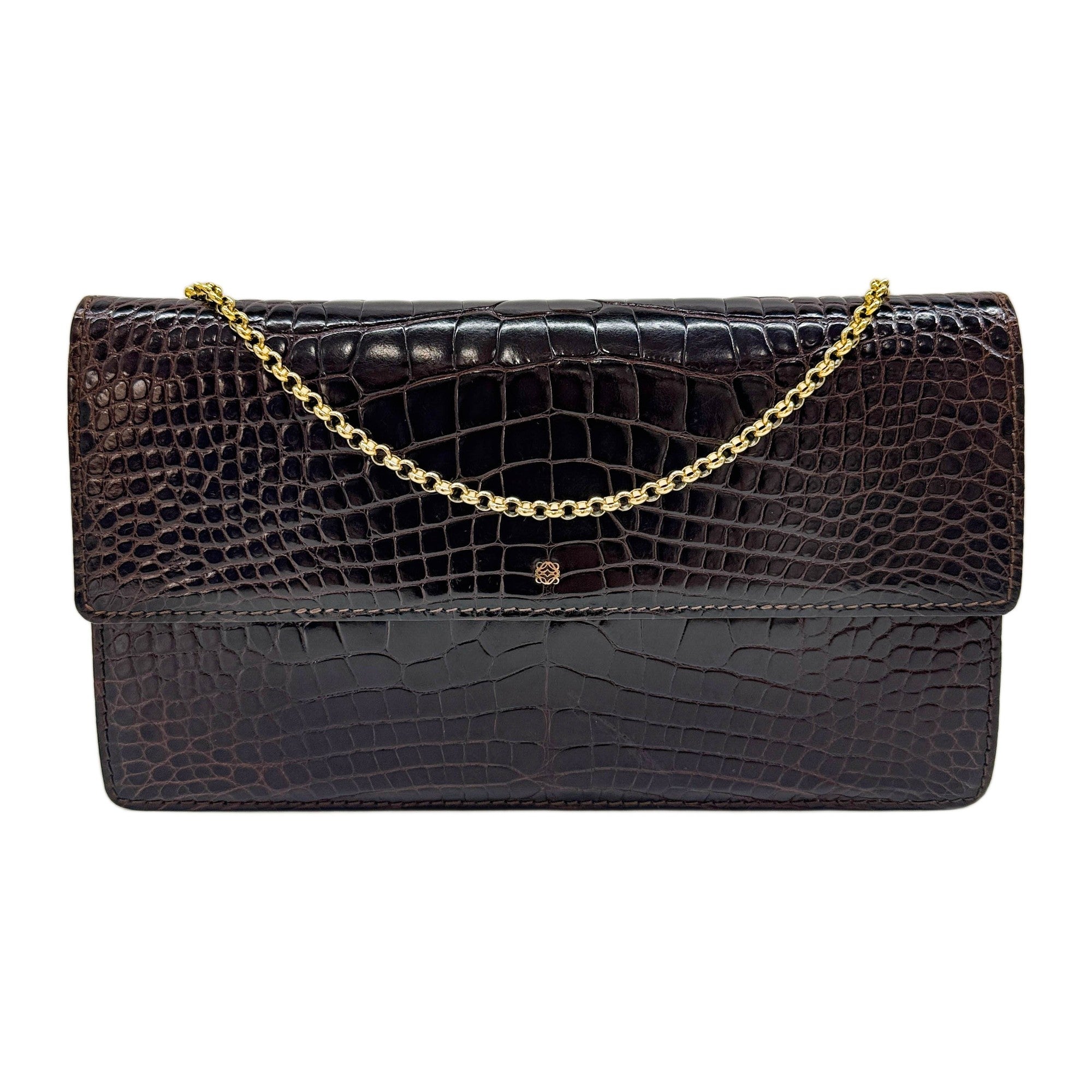 Anagram Dark Brown Crocodile Embossed Leather Chain Shoulder Bag