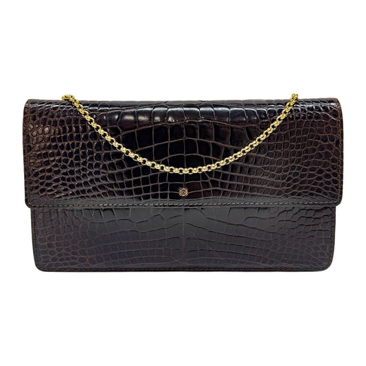 Anagram Dark Brown Crocodile Embossed Leather Chain Shoulder Bag