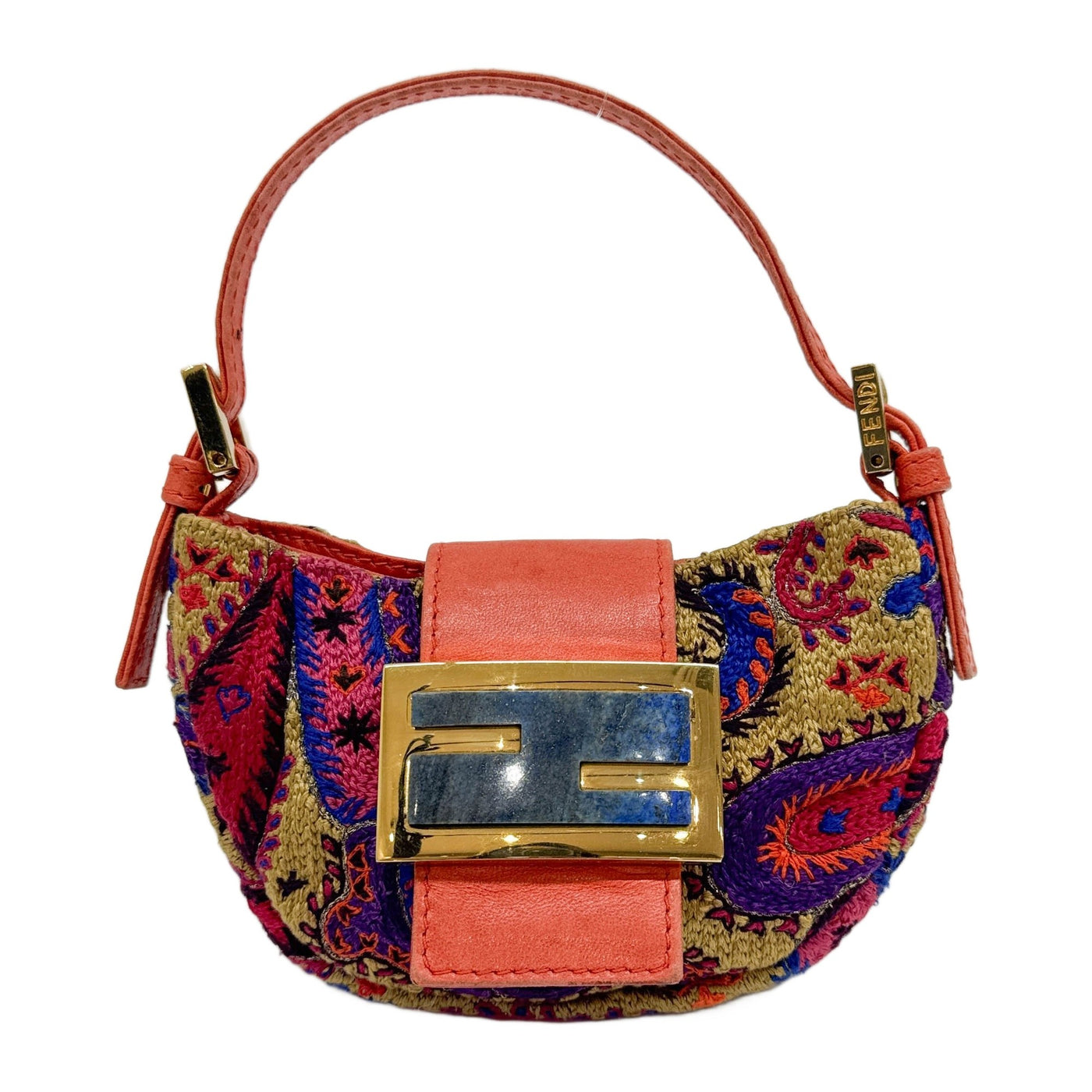 Mini Croissant Embroidered Multicolor Paisley Cotton Hand Bag