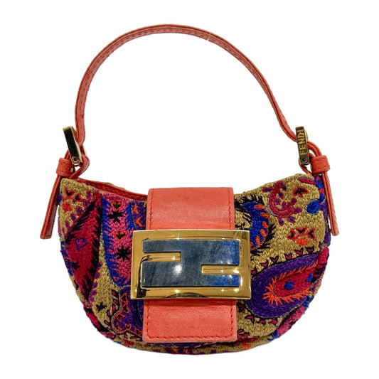 Mini Croissant Embroidered Multicolor Paisley Cotton Hand Bag