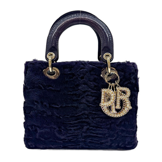 Lady Dior Lizard Embossed Leather Handle Purple Fur Two Way Bag