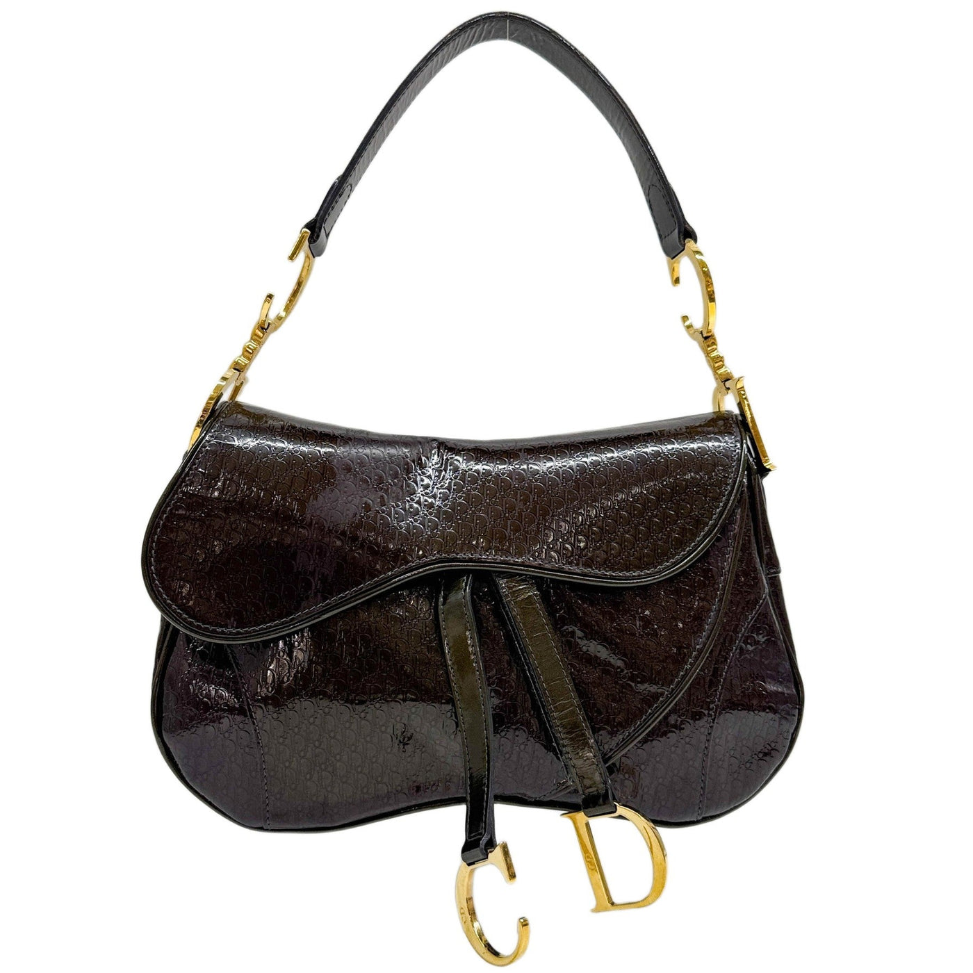 Double Saddle Dark Brown Trotter Patent Leather Shoulder Bag