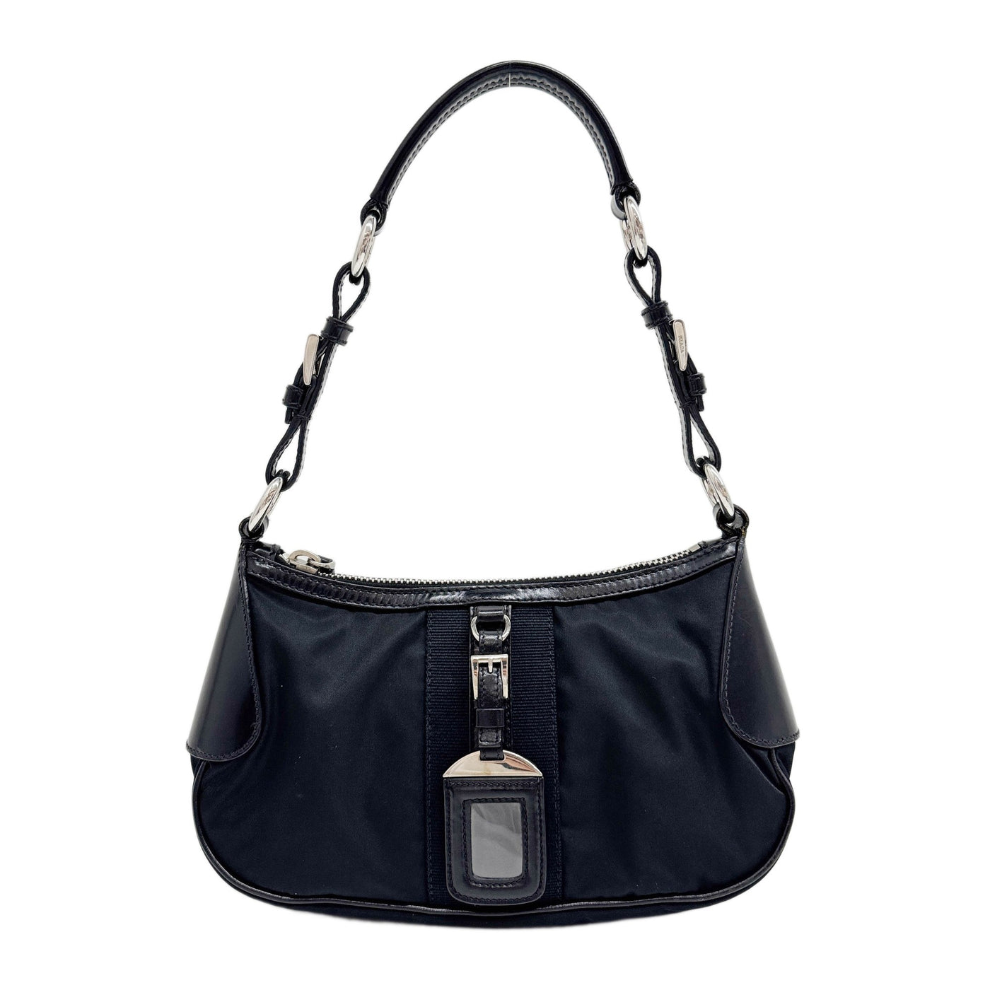 Triangle Plaque Leather Trim Black Nylon Shoulder Bag