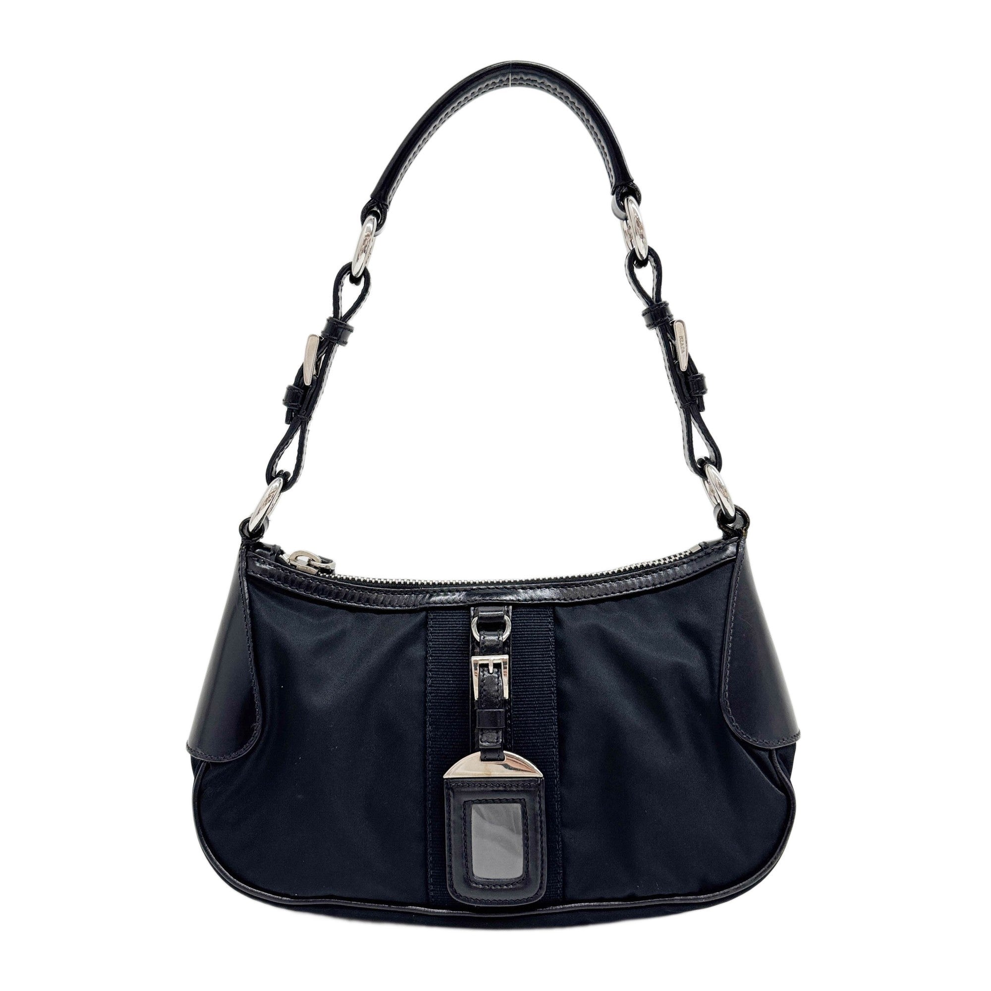 Triangle Plaque Leather Trim Black Nylon Shoulder Bag