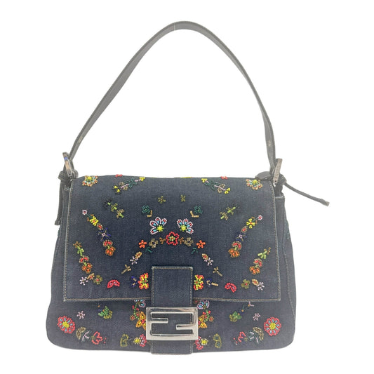 Mamma Baguette Flower Beaded Navy Denim Shoulder Bag