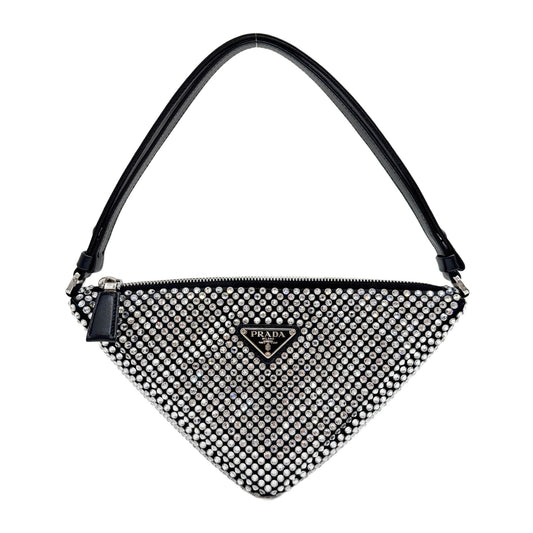 Triangle Crystals Black Satin Shoulder Bag