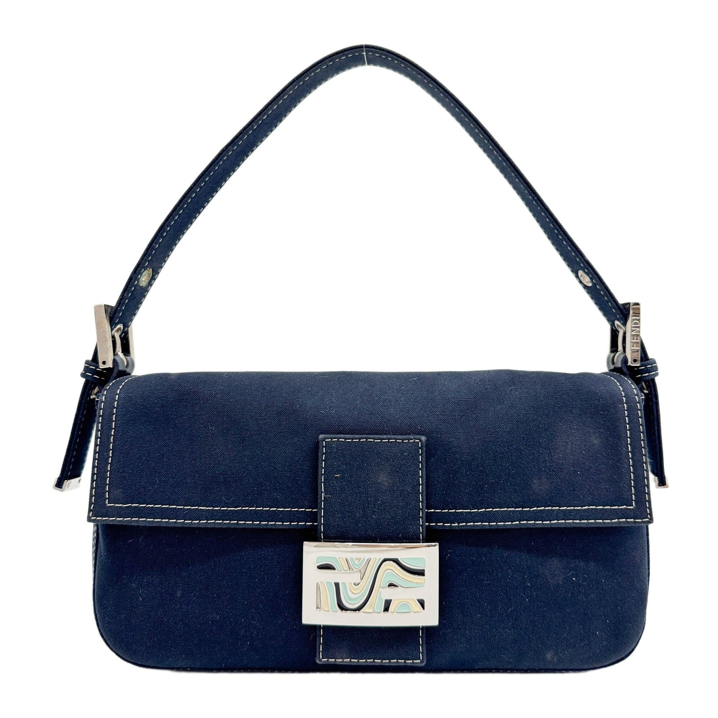 Baguette Silver Hardware Blue Canvas Shoulder Bag