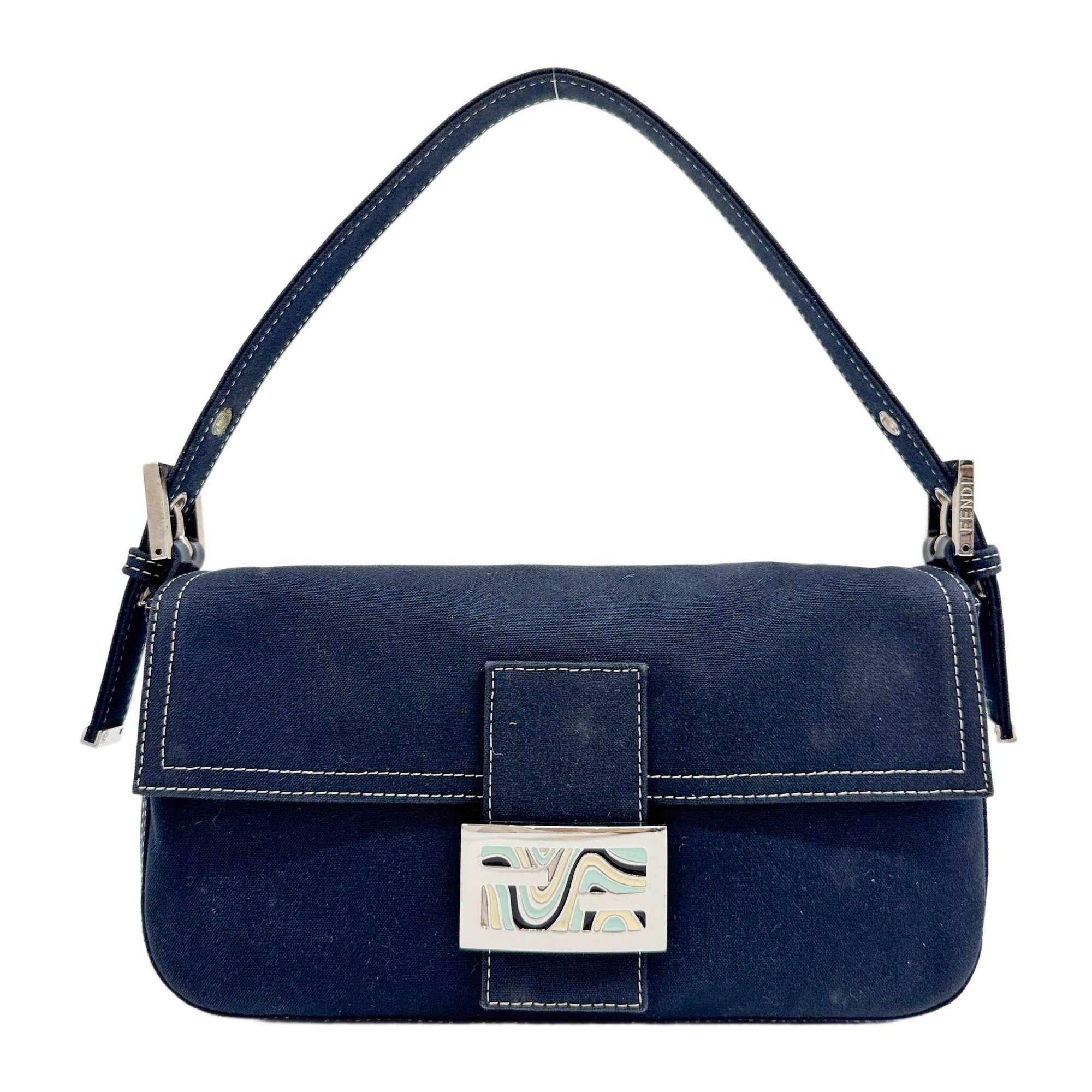 Baguette Silver Hardware Blue Canvas Shoulder Bag