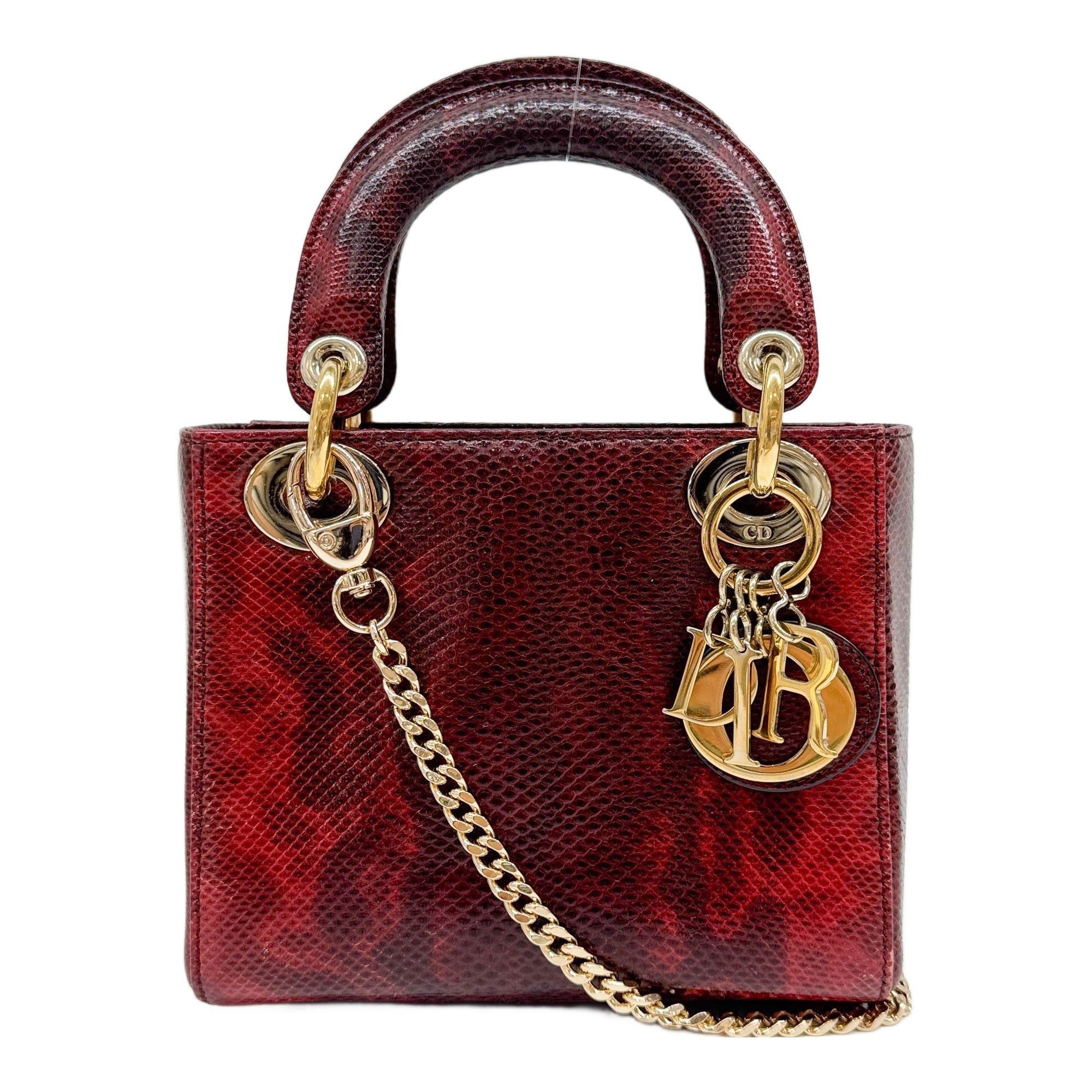 Mini Lady Dior Red Lizard Embossed Leather Two Way Bag