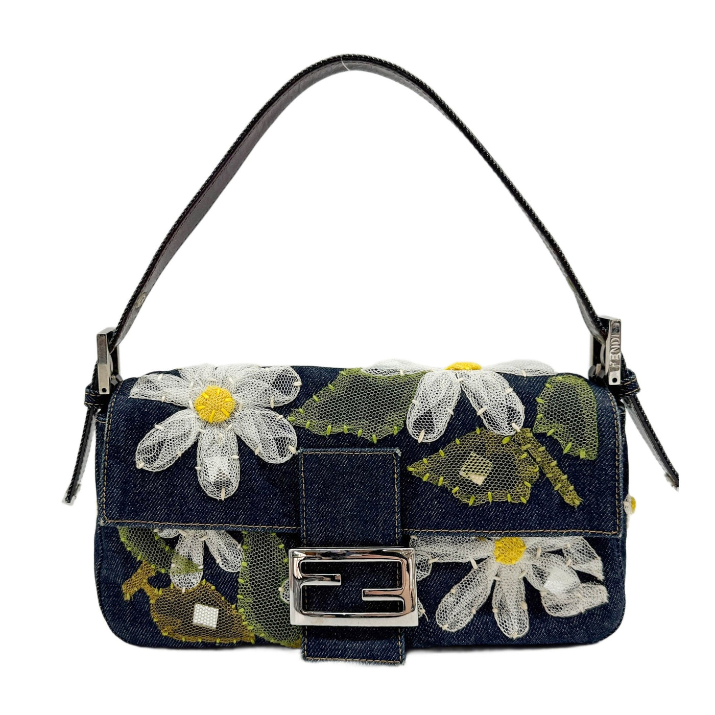 Baguette Embroidered Mesh Blue Denim Shoulder Bag