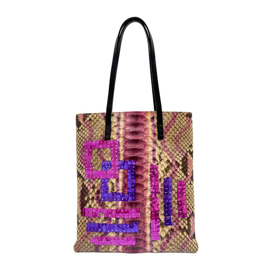 Sequin Embellished Brown Python Embossed Leather Shoulder Tote Bag